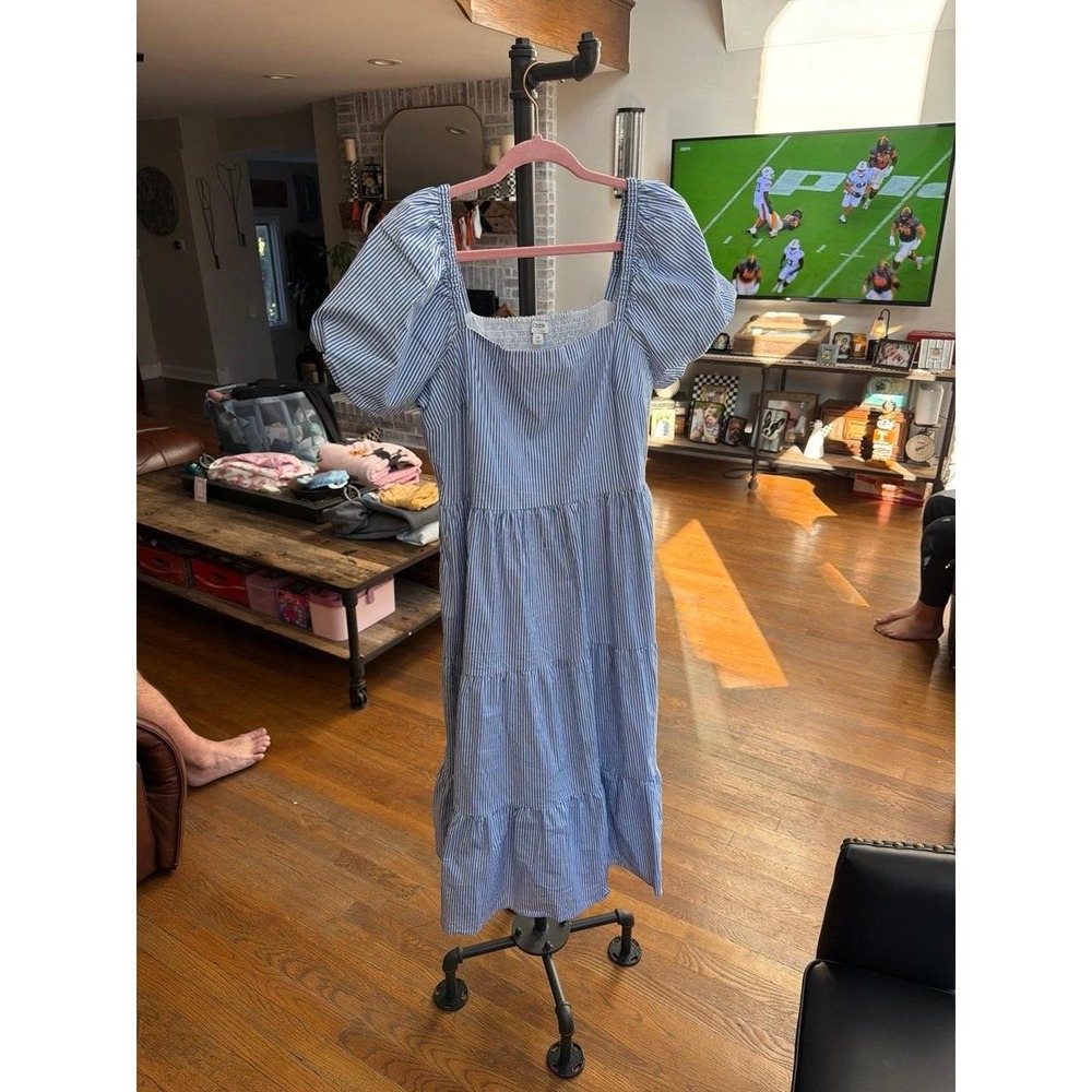 J.Crew Tiered Midi Dress with Puff Sleeves stripe women's 14